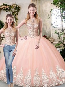 Pretty Peach Two Pieces Scoop Sleeveless Tulle Floor Length Lace Up Beading and Lace and Appliques Quinceanera Gowns