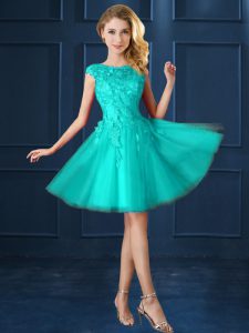 Cap Sleeves Tulle Knee Length Lace Up Quinceanera Court of Honor Dress in Turquoise with Lace and Belt