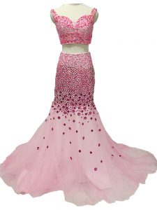 Baby Pink Two Pieces Tulle Straps Sleeveless Beading Zipper Pageant Dress for Teens Brush Train