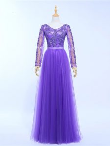 Chic Lavender Tulle Lace Up V-neck Long Sleeves Floor Length Formal Dresses Lace and Appliques