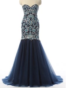 High Quality Sleeveless Tulle With Train Zipper Homecoming Dress in Navy Blue with Beading and Embroidery