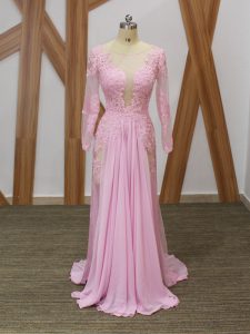 Baby Pink Long Sleeves Lace and Appliques Zipper Mother Of The Bride Dress