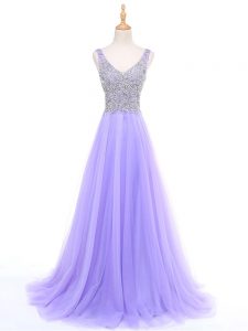 Cute Lavender Sleeveless Beading Floor Length Evening Party Dresses