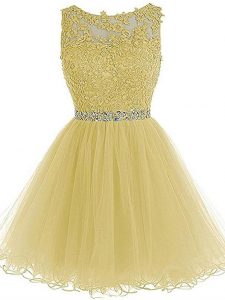 Sexy Light Yellow A-line Tulle Scoop Sleeveless Beading and Lace and Appliques Mini Length Zipper Prom Gown