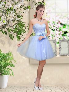 Lavender A-line Tulle Sweetheart Sleeveless Lace and Belt Knee Length Lace Up Vestidos de Damas