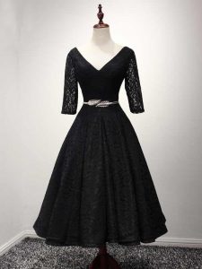 Chic Lace and Belt Prom Gown Black Lace Up Half Sleeves Ankle Length