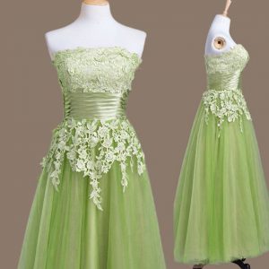 Empire Tulle Strapless Sleeveless Appliques Tea Length Lace Up Damas Dress