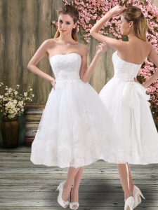 Custom Fit A-line Wedding Gown White Sweetheart Organza Sleeveless Tea Length Lace Up