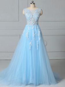 Smart Baby Blue Empire Scoop Sleeveless Tulle Brush Train Lace Up Lace Prom Dresses