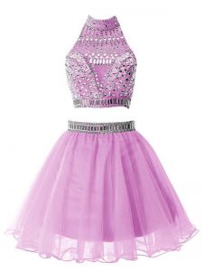 Lilac Sleeveless Knee Length Beading Zipper Wedding Party Dress