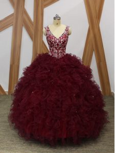 Best Floor Length Backless Quinceanera Dresses Burgundy for Military Ball and Sweet 16 and Quinceanera with Beading and 
