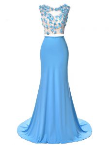 Blue Prom Gown Prom and Military Ball and Sweet 16 with Hand Made Flower Scoop Sleeveless Brush Train Backless