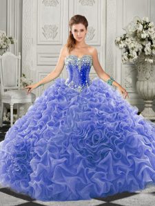Lace Up Ball Gown Prom Dress Blue for Military Ball and Sweet 16 and Quinceanera with Beading and Ruffles Court Train