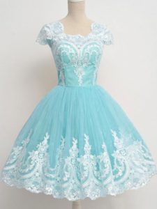 Cap Sleeves Tulle Knee Length Zipper Quinceanera Court of Honor Dress in Aqua Blue with Lace