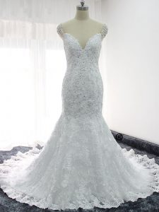 Discount White Mermaid Beading and Lace and Appliques Wedding Gowns Backless Lace Cap Sleeves