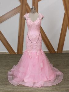 Sweet Baby Pink Backless V-neck Beading and Lace and Appliques and Ruffles Evening Outfits Tulle Cap Sleeves