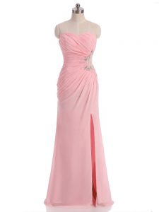 Chiffon Sleeveless Floor Length Prom Gown and Beading and Ruching