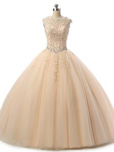 Floor Length Champagne Quinceanera Dress Scoop Sleeveless Lace Up