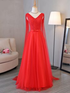 Clearance Red Tulle Lace Up Prom Gown Sleeveless Floor Length Lace and Belt