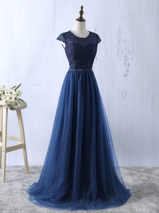 Navy Blue Zipper Homecoming Dress Lace and Appliques Short Sleeves Floor Length
