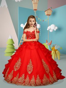 Fancy Red Tulle Lace Up Little Girls Pageant Dress Sleeveless Floor Length Appliques and Embroidery