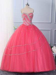 Charming Floor Length Lace Up Quinceanera Dress Hot Pink for Wedding Party with Beading