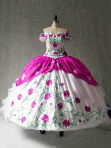 Customized Multi-color Ball Gowns Off The Shoulder Cap Sleeves Organza and Taffeta Floor Length Lace Up Embroidery and R