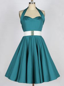 Sleeveless Taffeta Knee Length Lace Up Bridesmaids Dress in Teal with Belt