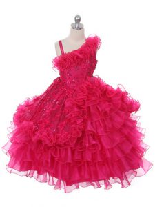 Asymmetric Sleeveless Kids Formal Wear Floor Length Lace and Ruffles and Ruffled Layers Hot Pink Organza