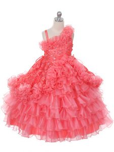 Fashionable Watermelon Red Ball Gowns Asymmetric Sleeveless Organza Floor Length Lace Up Lace and Ruffles and Ruffled La