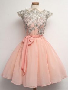 Peach Cap Sleeves Lace and Belt Knee Length Bridesmaid Dress
