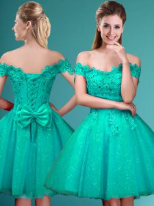Spectacular Knee Length A-line Cap Sleeves Turquoise Bridesmaid Dresses Lace Up