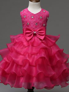 On Sale Hot Pink Sleeveless Knee Length Lace and Ruffled Layers and Bowknot Zipper Little Girls Pageant Dress Wholesale