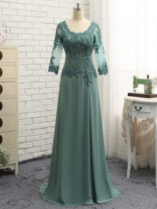 Green Long Sleeves Floor Length Beading and Lace and Appliques Zipper Mother Of The Bride Dress