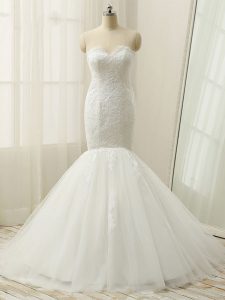 White Zipper Wedding Dresses Lace Sleeveless Brush Train