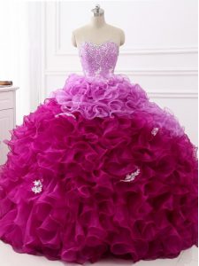Affordable Sleeveless Organza Brush Train Lace Up 15 Quinceanera Dress in Multi-color with Beading and Appliques and Ruf