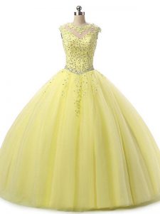 Custom Design Yellow Ball Gowns Tulle Scoop Sleeveless Beading and Lace Floor Length Lace Up Vestidos de Quinceanera