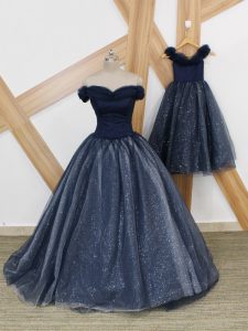 Luxurious Tulle Off The Shoulder Sleeveless Brush Train Lace Up Ruching Military Ball Gowns in Navy Blue