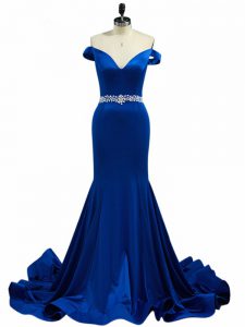 Royal Blue Sleeveless Brush Train Beading Dress for Prom