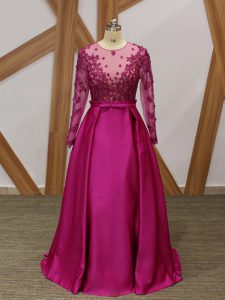 Attractive Fuchsia Long Sleeves Beading and Appliques and Belt Floor Length Mother Of The Bride Dress