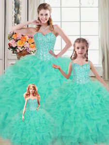 Romantic Turquoise Sleeveless Beading and Ruffles Floor Length Sweet 16 Dress