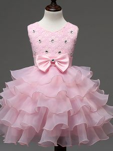 Hot Selling Sleeveless Knee Length Lace and Ruffled Layers and Bowknot Zipper Child Pageant Dress with Baby Pink