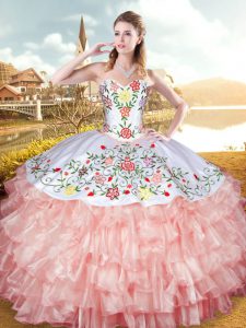 Floor Length Peach Quinceanera Gowns Organza and Taffeta Sleeveless Embroidery and Ruffled Layers