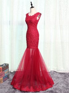 Modern Red Scoop Neckline Lace and Appliques Mother Of The Bride Dress Sleeveless Zipper