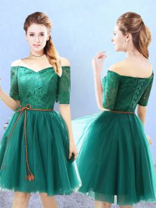 Dramatic A-line Bridesmaid Gown Green Off The Shoulder Tulle Half Sleeves Knee Length Lace Up