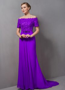 Luxurious Chiffon Off The Shoulder Short Sleeves Sweep Train Zipper Lace Mother Of The Bride Dress in Eggplant Purple