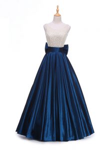 Fashionable Navy Blue Taffeta Backless Formal Evening Gowns Sleeveless Floor Length Beading and Bowknot