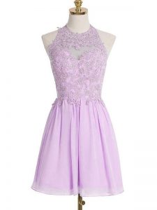 High End Sleeveless Chiffon Knee Length Lace Up Damas Dress in Lavender with Appliques
