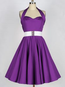 Knee Length A-line Sleeveless Eggplant Purple Dama Dress for Quinceanera Lace Up