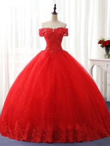 Suitable Red Ball Gowns Off The Shoulder Sleeveless Tulle Floor Length Lace Up Beading and Ruffles Quinceanera Gown